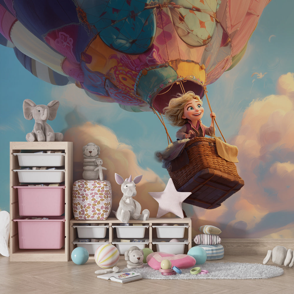 Whimsical hot air balloon wallpaper transforming children's bedroom into sky adventure space