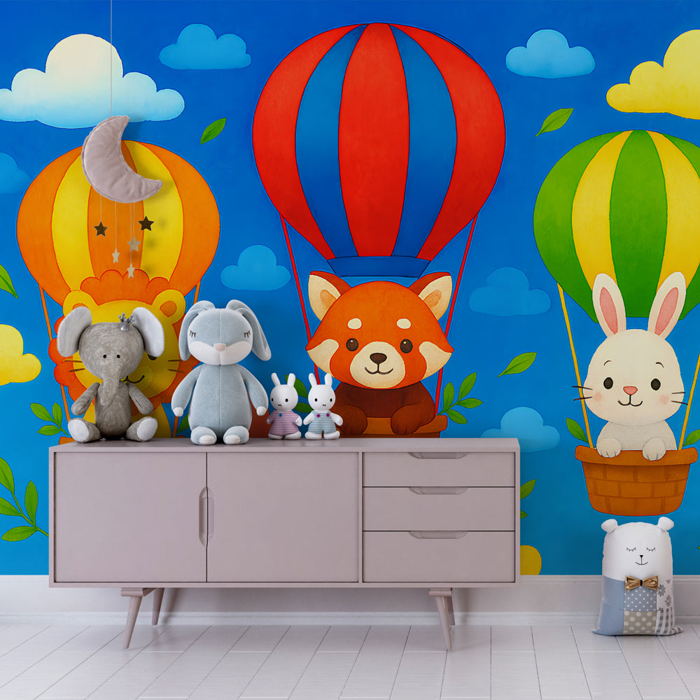 Children's hot air balloon wallpaper creating magical sky adventure in modern bedroom