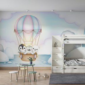 Arctic animal balloon wallpaper creating magical atmosphere in children's bedroom decor