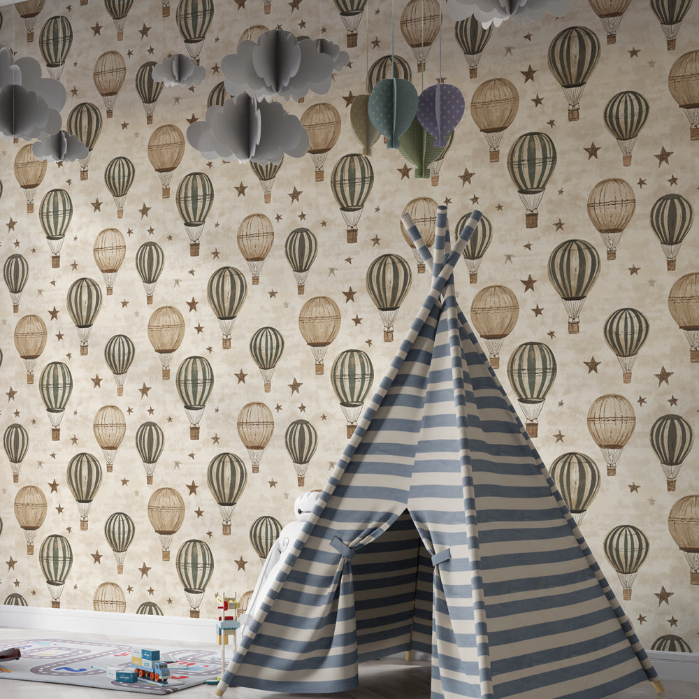 Beige hot air balloon mural wallpaper inspiring imagination in modern kids room by Kids-Mundo