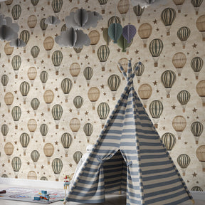 Beige hot air balloon mural wallpaper inspiring imagination in modern kids room by Kids-Mundo