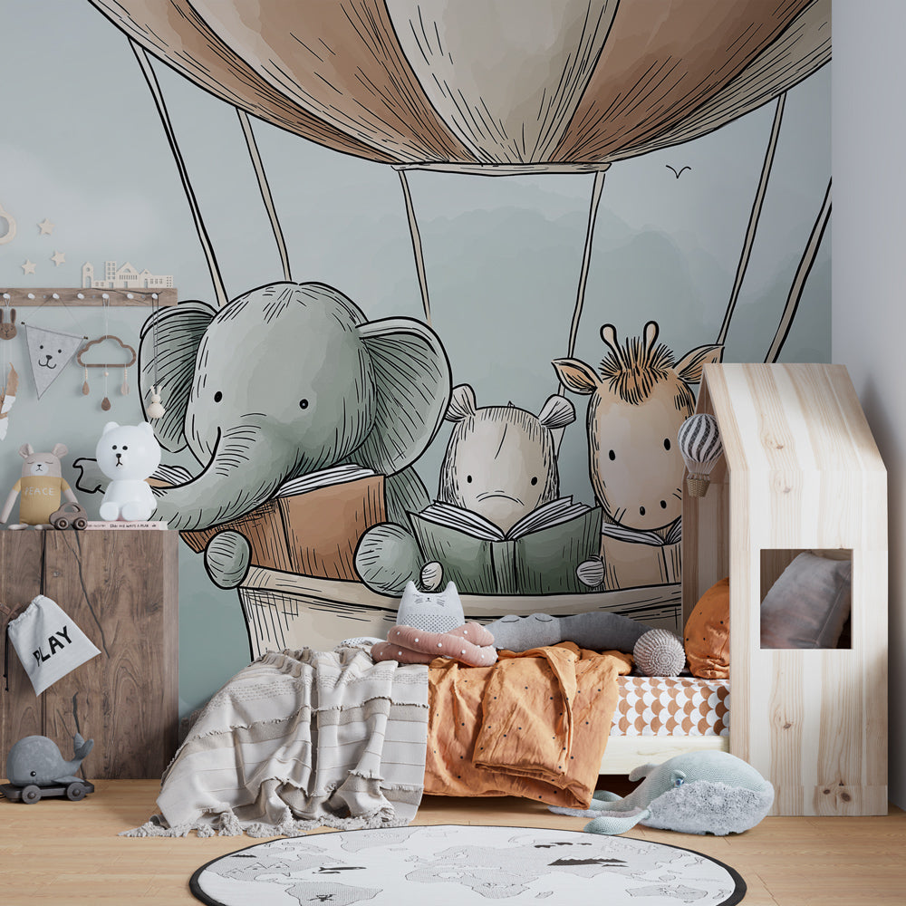 Animal adventure mural wallpaper transforming toddler bedroom into dreamy sky sanctuary