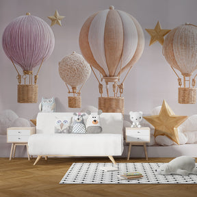Dreamy hot air balloon mural wallpaper transforming modern kids room into magical sky adventure space