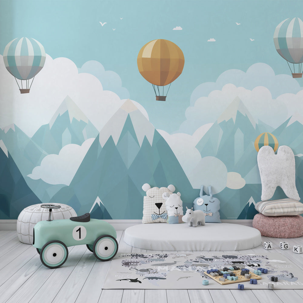 Pastel mountain and balloon wallpaper transforming modern kids room into peaceful sky adventure space