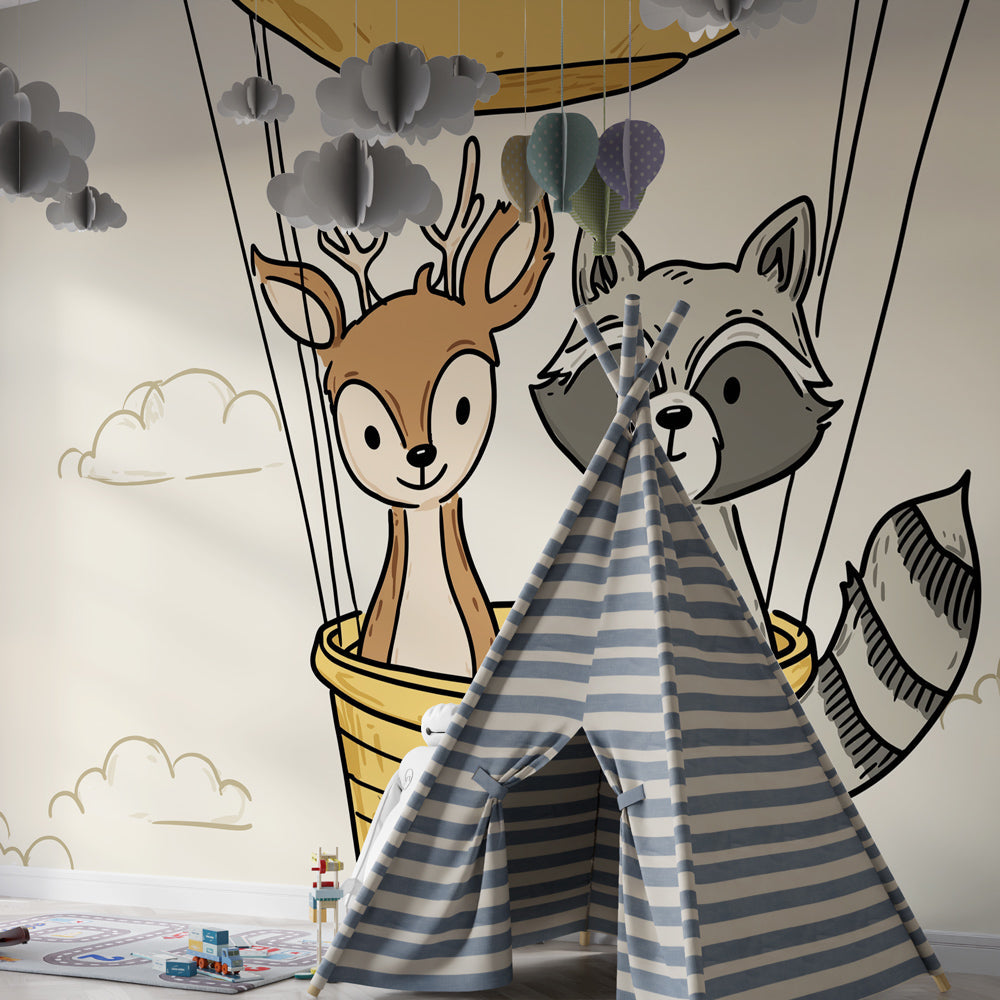 Whimsical hot air balloon mural wallpaper creating magical atmosphere in kids room