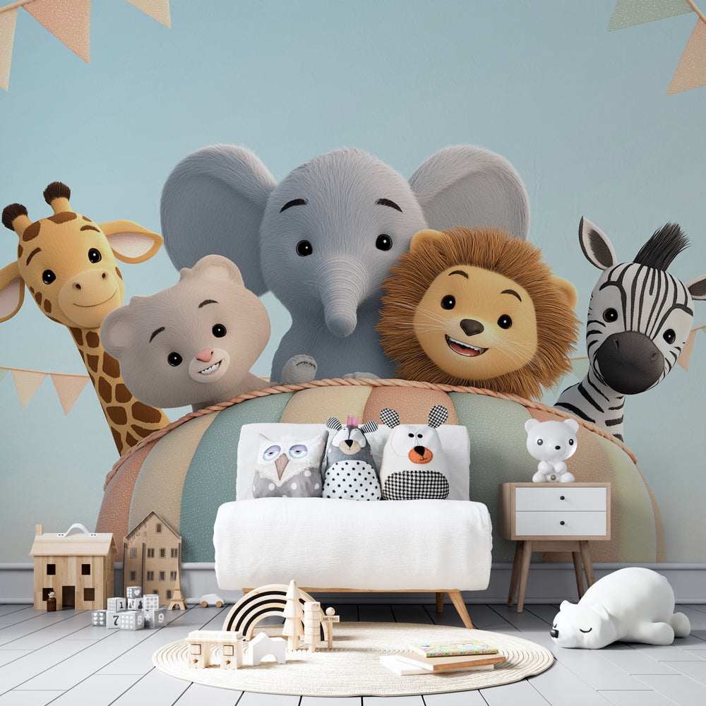 Children's hot air balloon mural wallpaper with pastel colors in cozy nursery setting