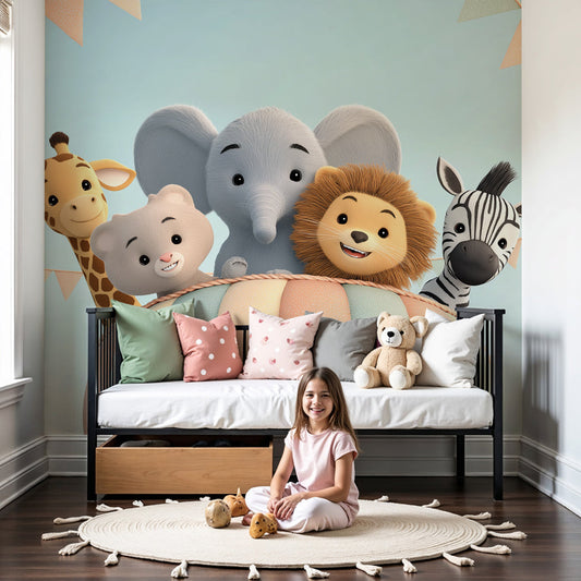 Hot air balloon mural wallpaper with cute animals in modern baby nursery by Kids-Mundo