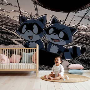 Hot air balloon mural wallpaper with raccoons creating adventure-themed nursery decor by Kids-Mundo