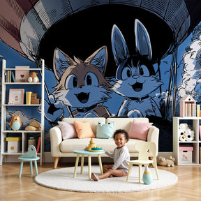 Hot air balloon animal adventure mural wallpaper in modern nursery room by Kids-Mundo