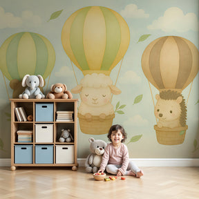 Hot air balloon animal mural wallpaper in cozy nursery setting by Kids-Mundo