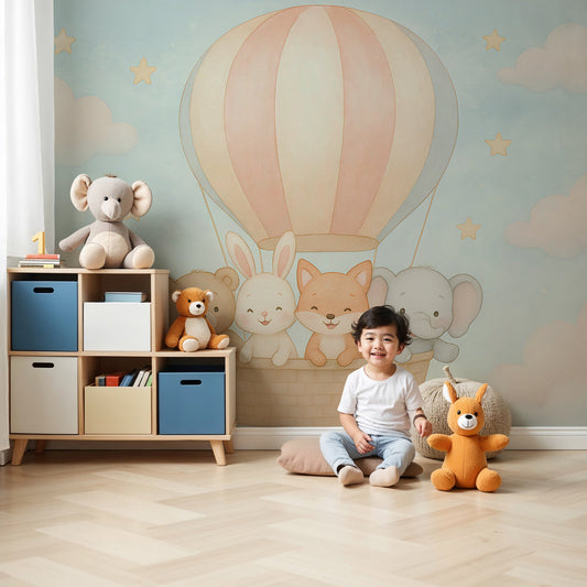 Hot air balloon animal adventure mural wallpaper in bright nursery room by Kids-Mundo