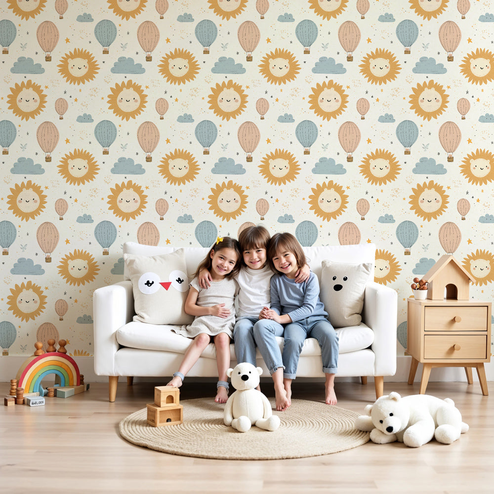 Hot air balloon mural wallpaper creating dreamy sky atmosphere in modern nursery by Kids-Mundo