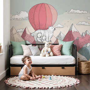 Hot air balloon polar bear mural wallpaper in modern nursery with white crib by Kids-Mundo