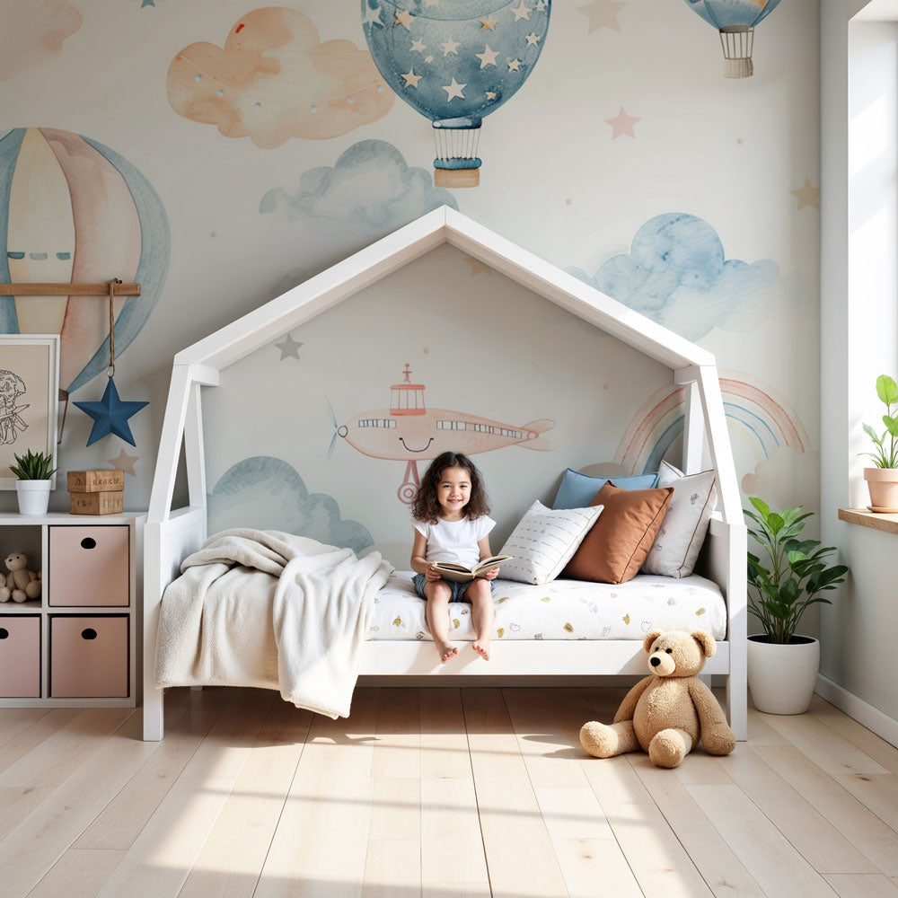 Hot air balloon mural wallpaper creating dreamy pastel nursery decor by Kids-Mundo