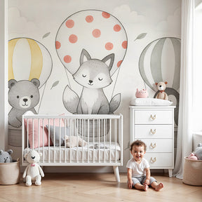 Hot air balloon animal mural wallpaper in modern nursery with soft lighting by Kids-Mundo