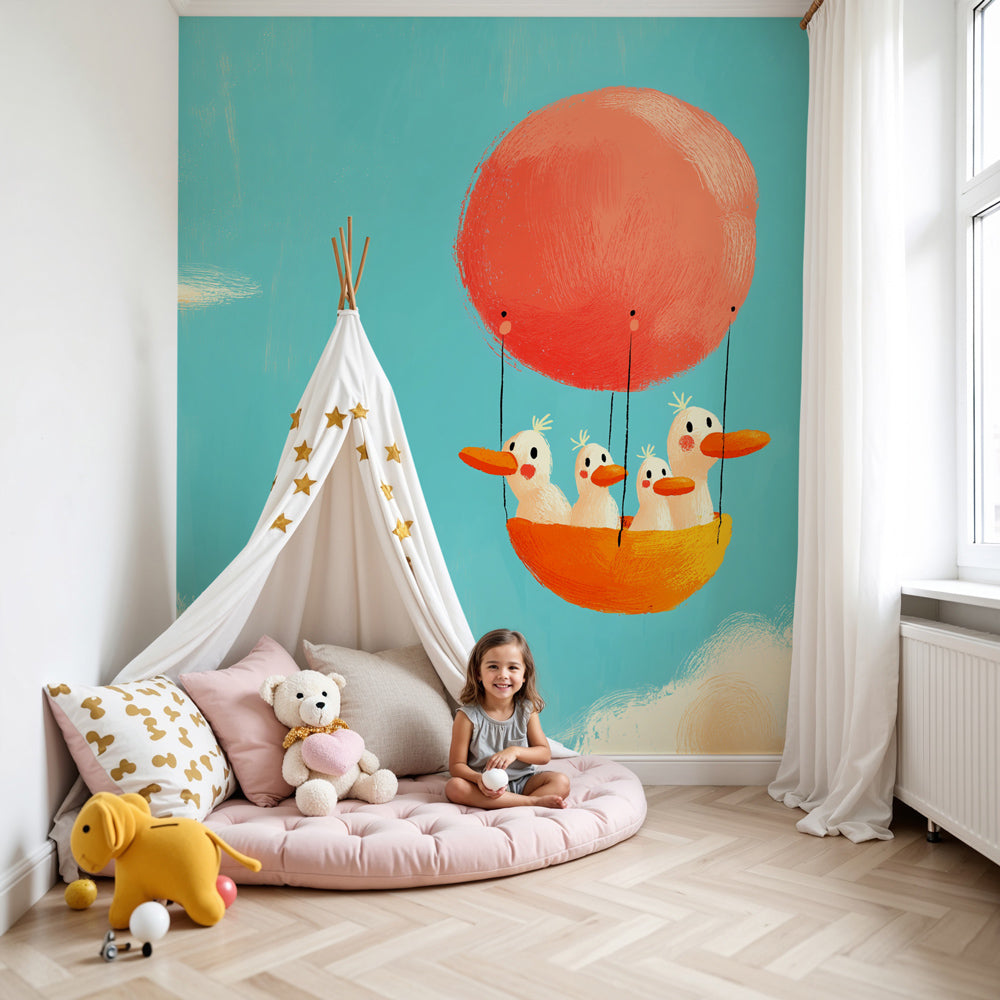 Hot air balloon mural wallpaper with happy ducks in serene baby nursery by Kids-Mundo