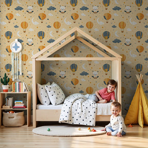 Hot air balloon mural wallpaper with teddy bears in modern nursery room by Kids-Mundo