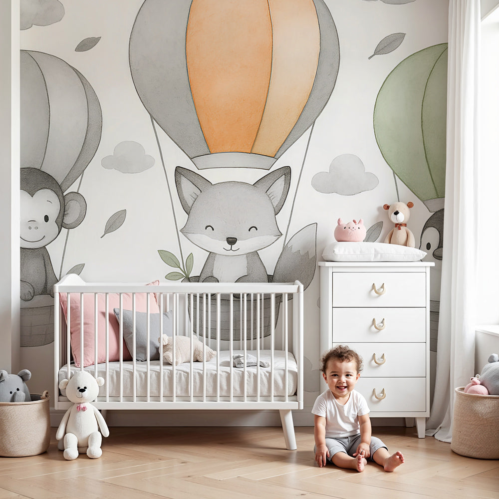 Hot air balloon animal mural wallpaper in modern nursery room with floating characters by Kids-Mundo