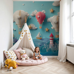 Hot air balloon mural wallpaper creating dreamy nursery decor with ocean and lighthouse theme by Kids-Mundo