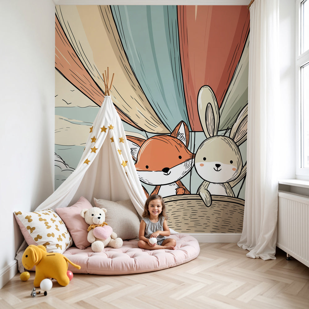 Fox and rabbit hot air balloon mural wallpaper in bright nursery room by Kids-Mundo