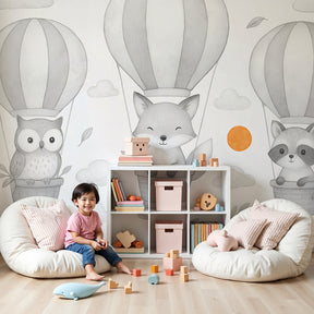 Hot air balloon animal mural wallpaper in modern kids nursery by Kids-Mundo