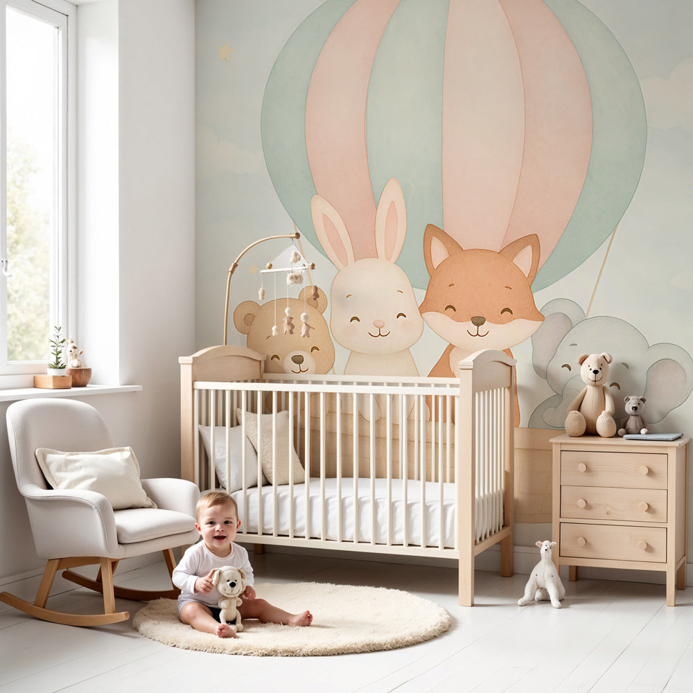 Hot air balloon animal mural wallpaper in modern nursery with wooden crib by Kids-Mundo