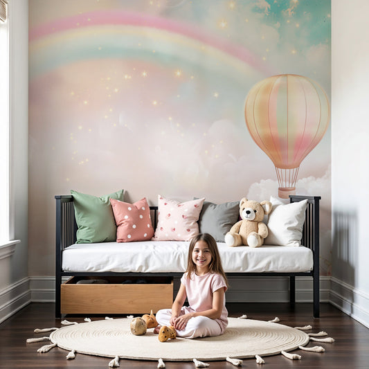 Hot air balloon rainbow mural wallpaper in modern nursery with white crib by Kids-Mundo