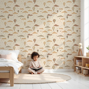 Hot air balloon mural wallpaper in peaceful nursery with mountain landscape design by Kids-Mundo