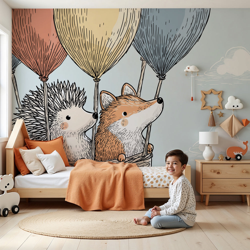 Hot air balloon animal mural wallpaper in modern nursery with natural wood furniture by Kids-Mundo