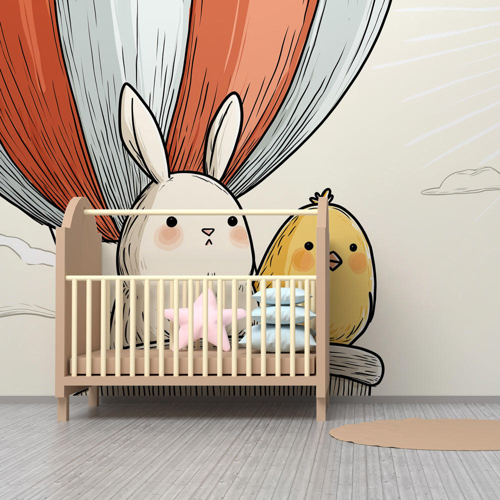 Colorful hot air balloon wallpaper with rabbit and chick for cheerful baby room by Kids-Mundo