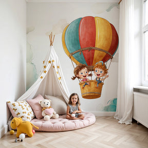 Hot air balloon mural wallpaper creating magical adventure atmosphere in modern nursery by Kids-Mundo