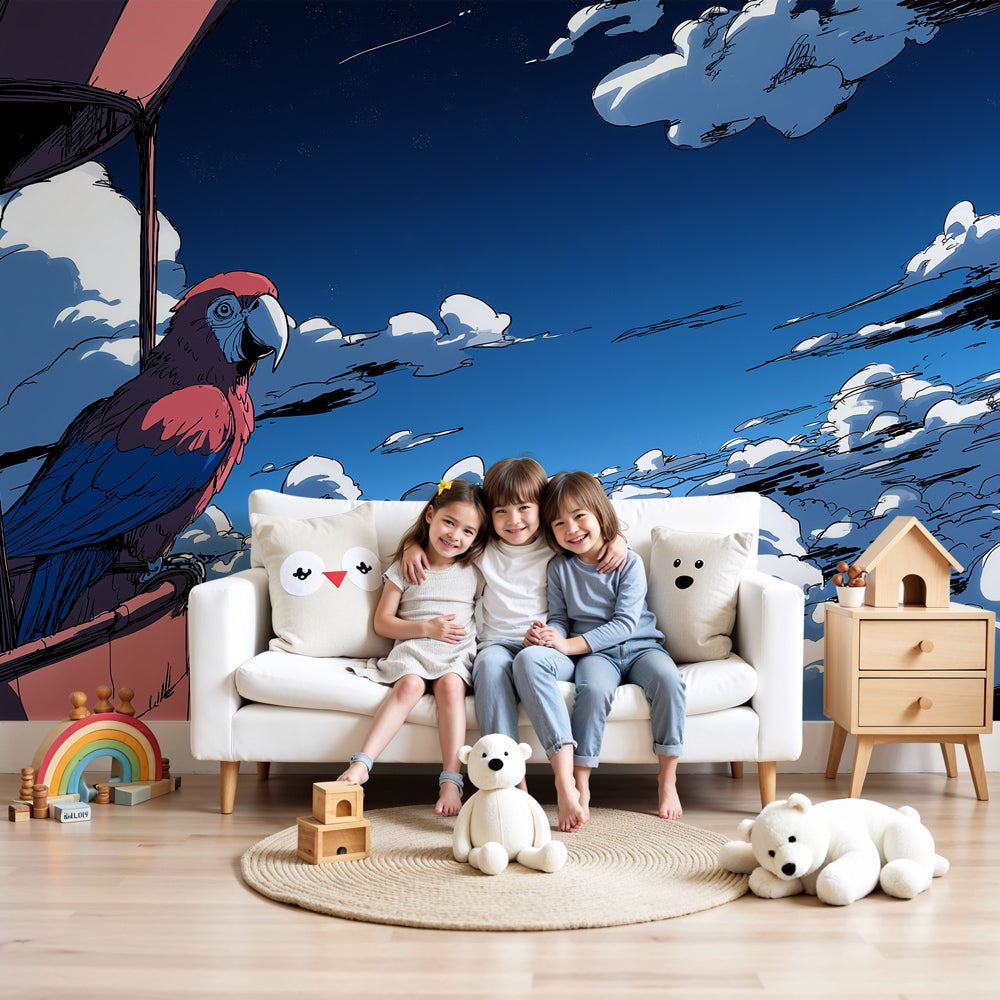 Hot air balloon mural wallpaper with parrot in modern kids nursery by Kids-Mundo