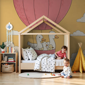 Hot air balloon mural wallpaper with happy ducks in modern baby nursery by Kids-Mundo