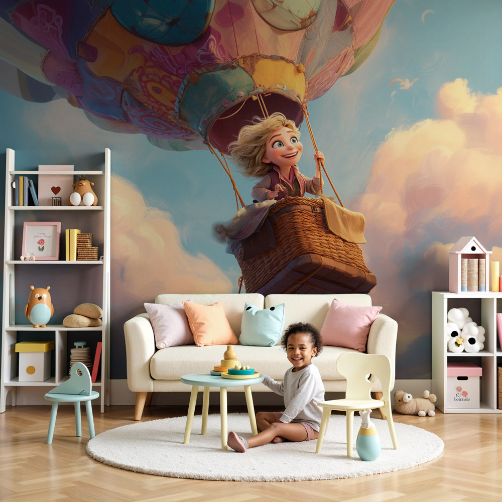 Hot air balloon mural wallpaper creating dreamy nursery decor with pastel sky theme by Kids-Mundo