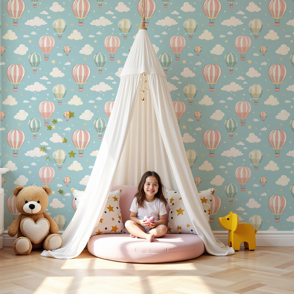 Hot air balloon mural wallpaper creating dreamy nursery decor with pastel colors by Kids-Mundo