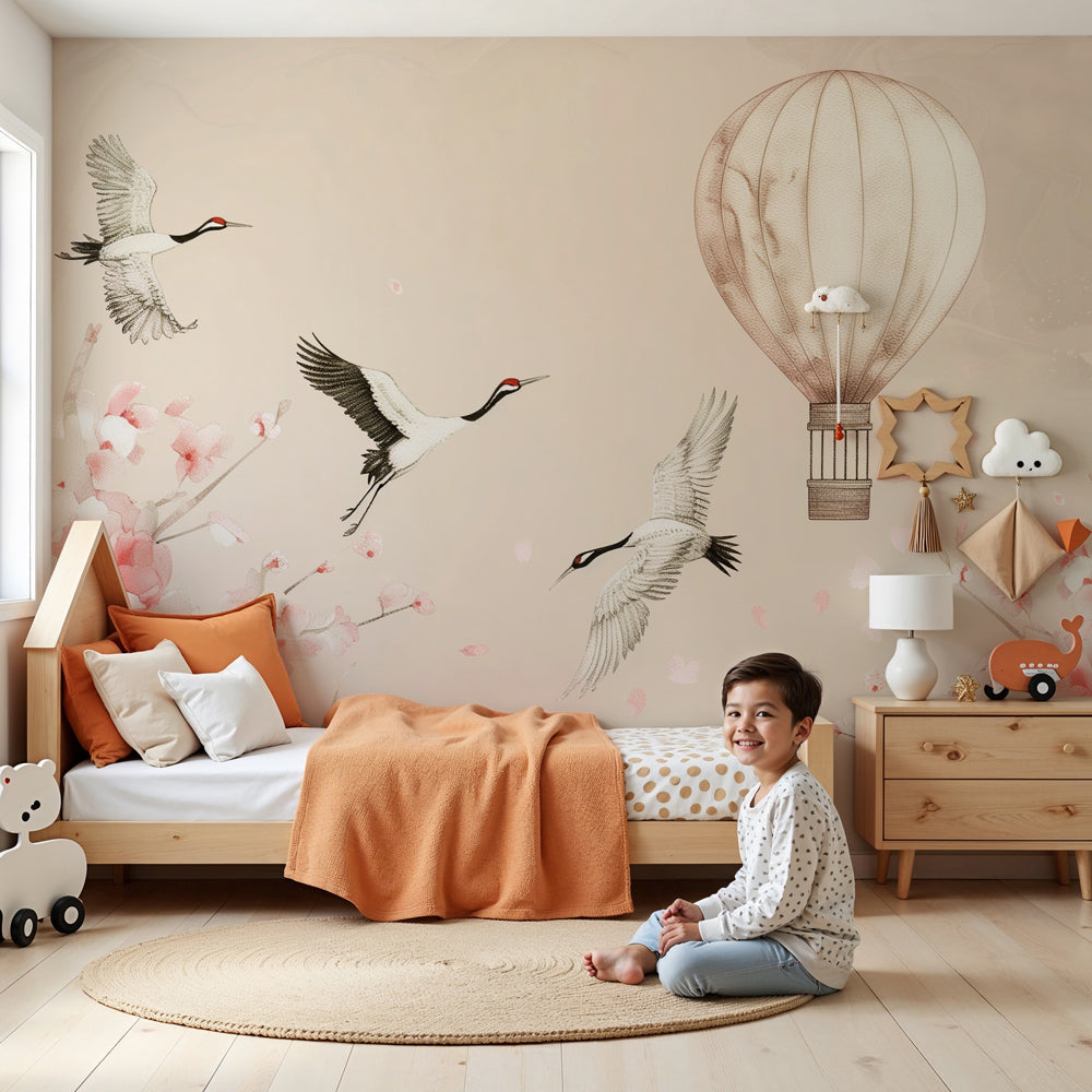 Hot air balloon and cherry blossom mural wallpaper in modern nursery room by Kids Mundo