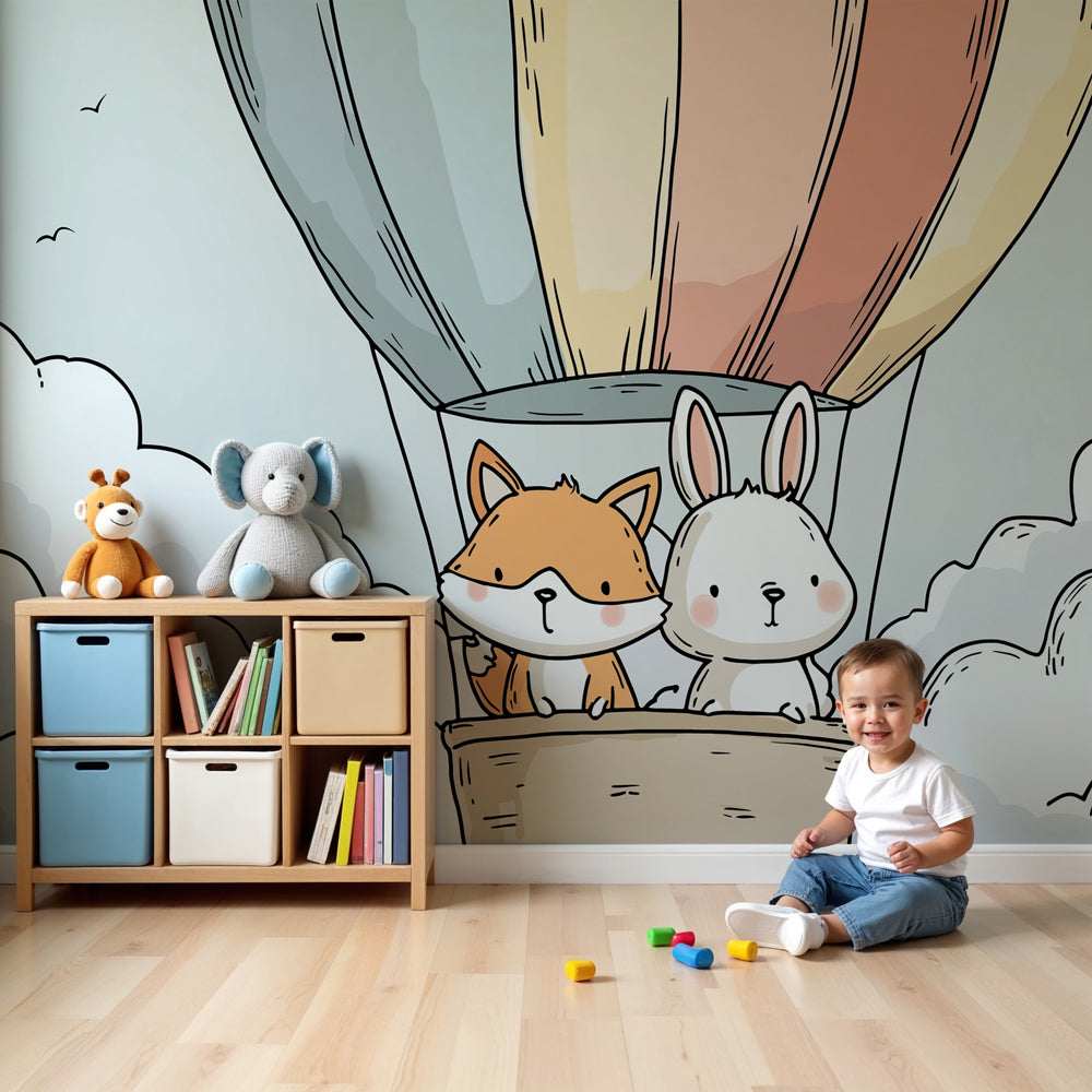 Hot air balloon mural wallpaper with fox and rabbit in cozy nursery room by Kids-Mundo