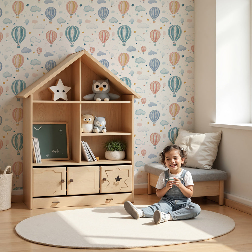 Hot air balloon mural wallpaper creating dreamy atmosphere in modern nursery by Kids-Mundo