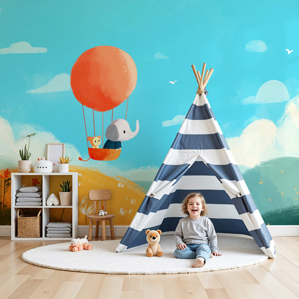 Hot air balloon mural wallpaper with elephant and bear in modern nursery by Kids-Mundo
