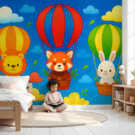 Hot air balloon animal adventure mural wallpaper in bright nursery room by Kids-Mundo