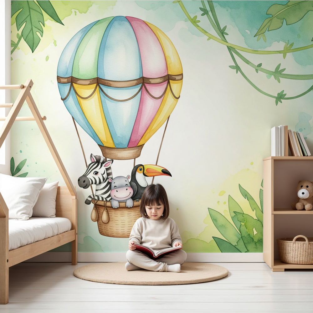 Hot air balloon jungle animals mural wallpaper in modern nursery room by Kids-Mundo