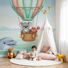Hot air balloon koala mural wallpaper creating magical nursery decor by Kids-Mundo