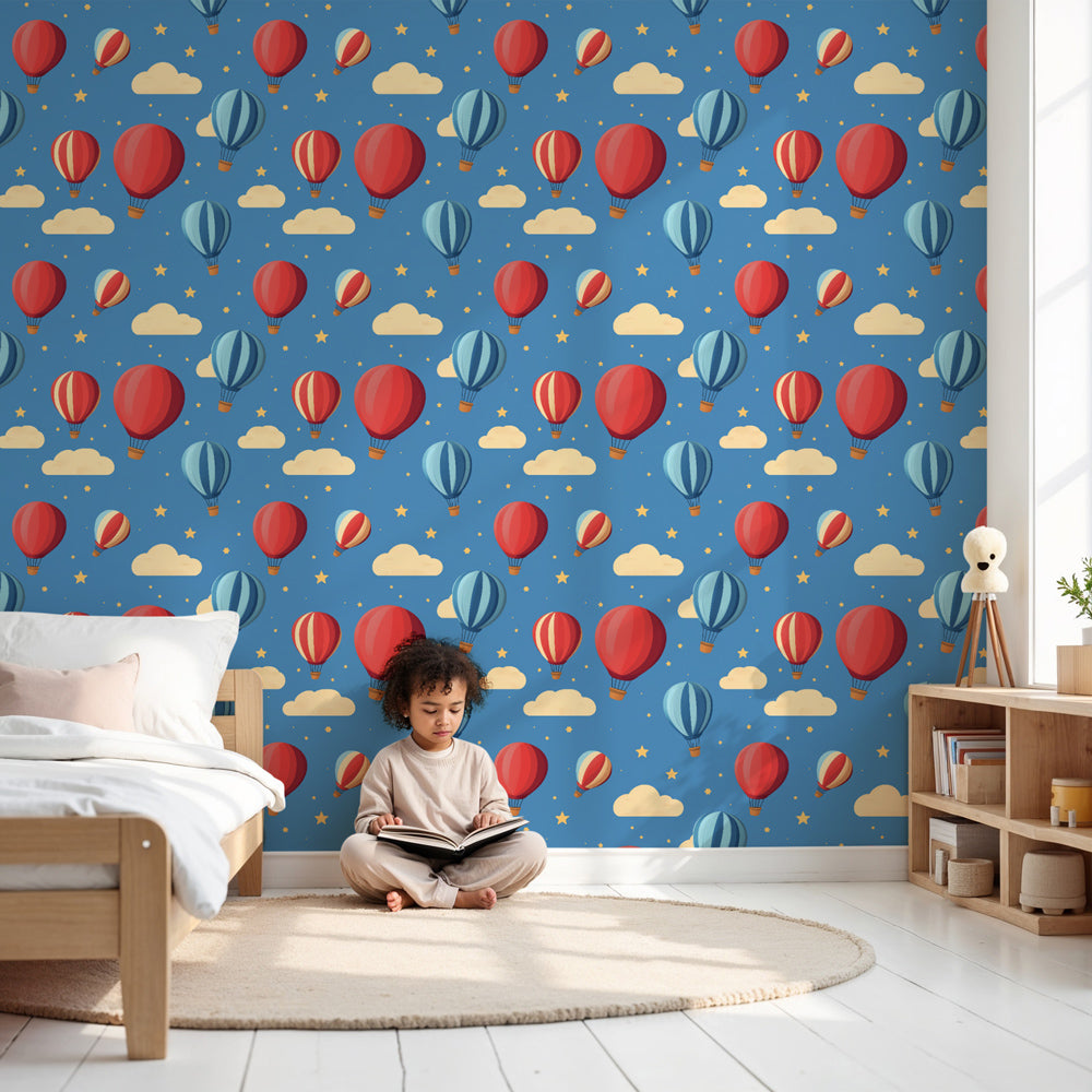 Hot air balloon mural wallpaper creating dreamy nursery decor with colorful sky theme by Kids-Mundo