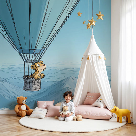 Hot air balloon mural wallpaper with tiger pilot creating magical nursery decor by Kids-Mundo