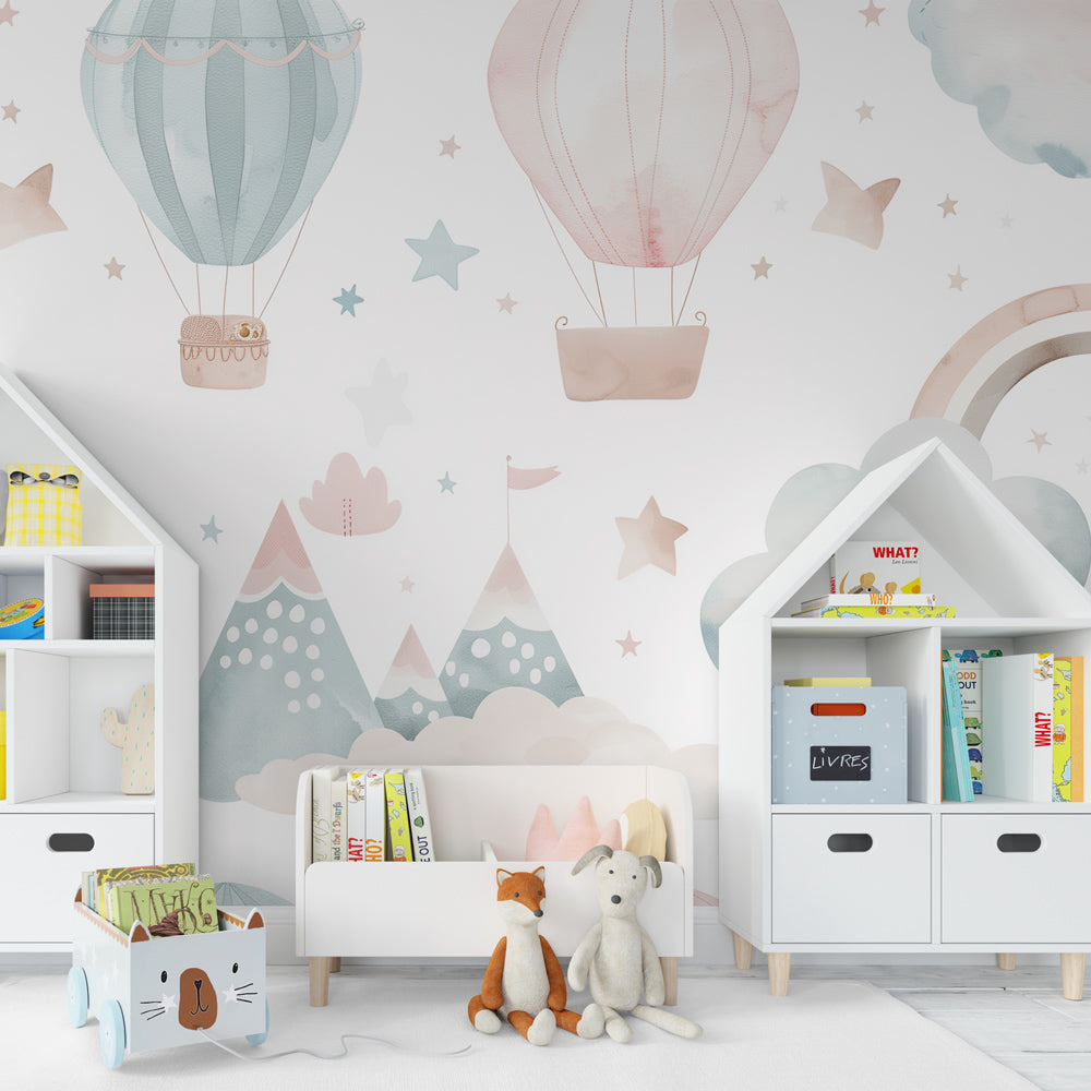 Multicolored hot air balloon mural wallpaper in serene children's room setting