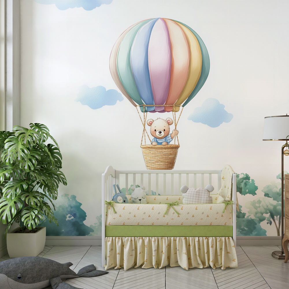 Children's hot air balloon wallpaper in bright playroom setting with natural lighting