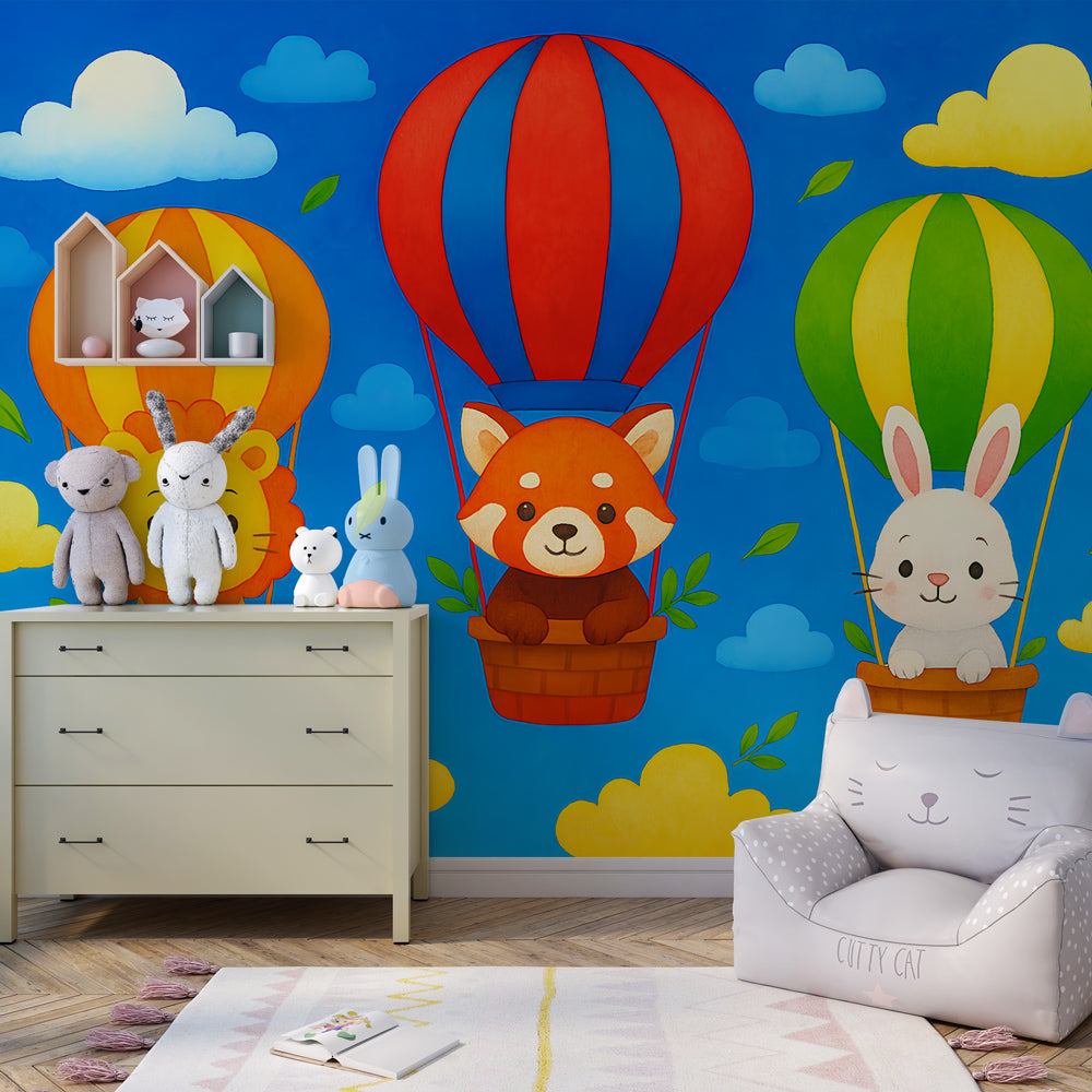 Animal hot air balloon mural wallpaper transforming colorful kids playroom decor