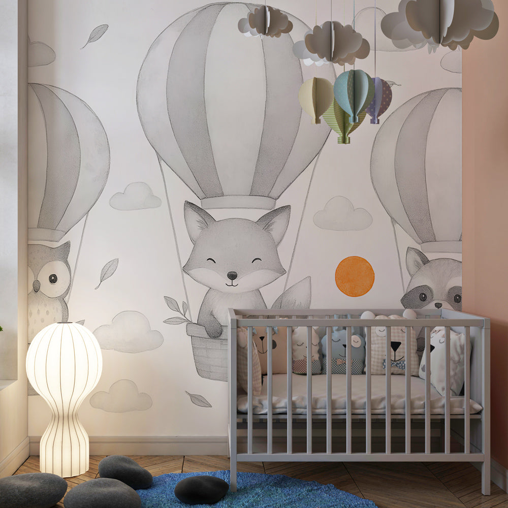 Colorful animal balloon wallpaper decorating cheerful kids playroom space
