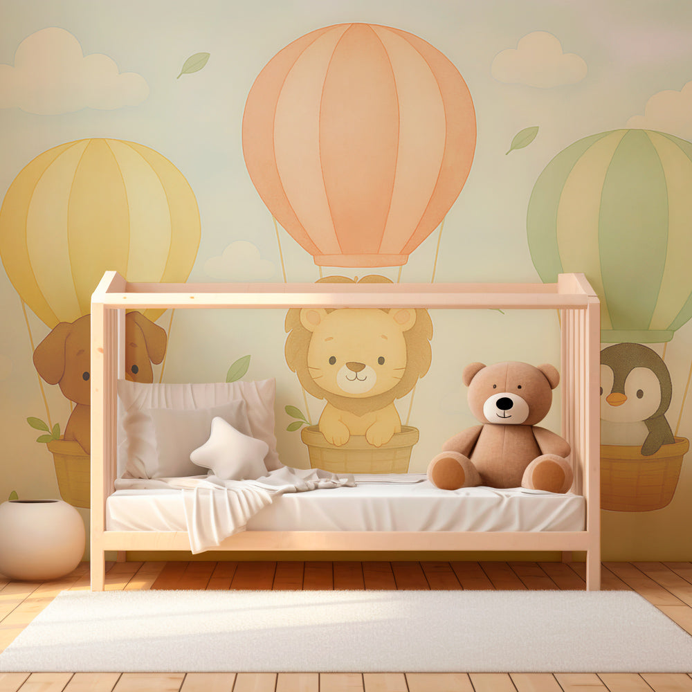 Whimsical hot air balloon wallpaper creating magical playroom atmosphere for kids