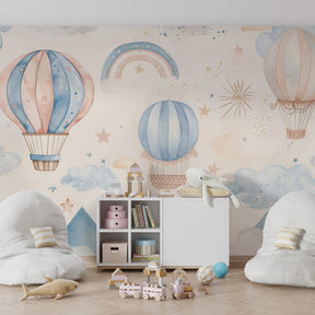 Dreamy hot air balloon mural wallpaper transforming kids playroom with celestial theme